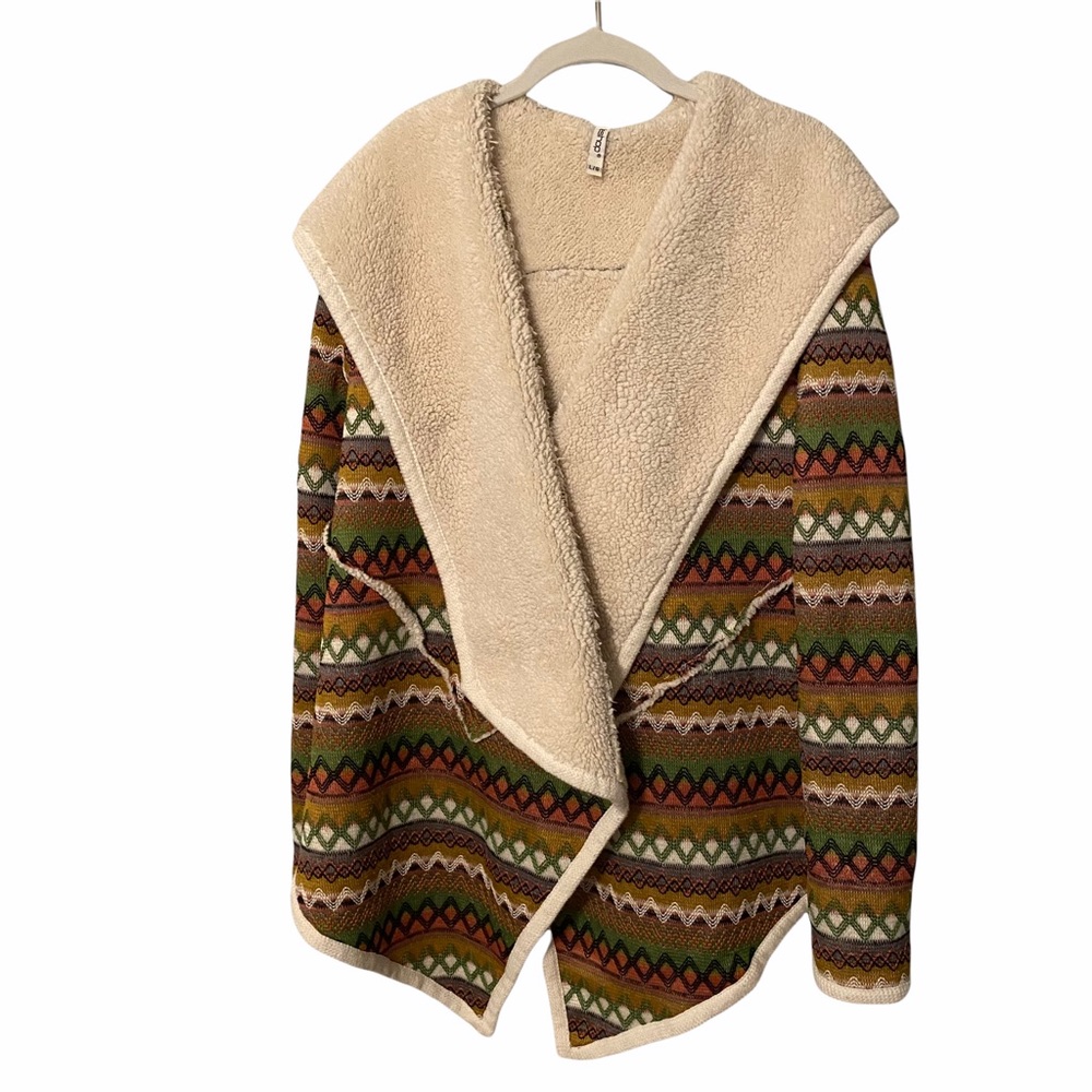 LeShop Women’s Aztec Multicolored Sherpa Hooded Open Sweater Jacket LG